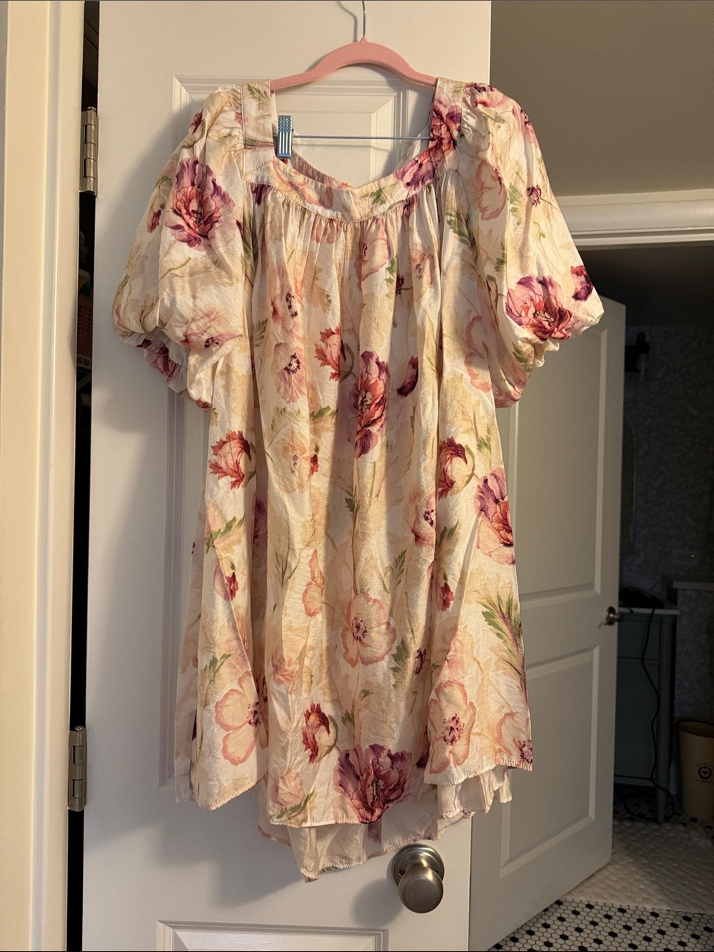 Zara Cream Floral Puff-Sleeve Tunic with Pink and Purple Blooms